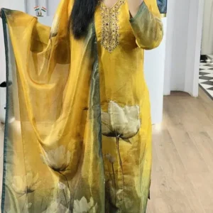 yellow tissue handworked kurti