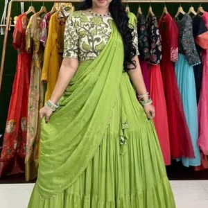 Lehengas green & white penkalamkari lehenga