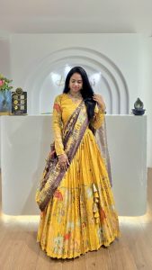 Home yellow tissue lehenga set with dupatta